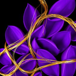 Purple petals against a black background, intricately wrapped with golden threads around each petal, creating a stunning contrast and elegant appearance