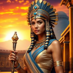 Jenna Ortega as Cleopatra, wearing an intricately designed Egyptian royal headdress adorned with jewels, an elegant gown featuring gold and blue accents, and holding an ornate scepter