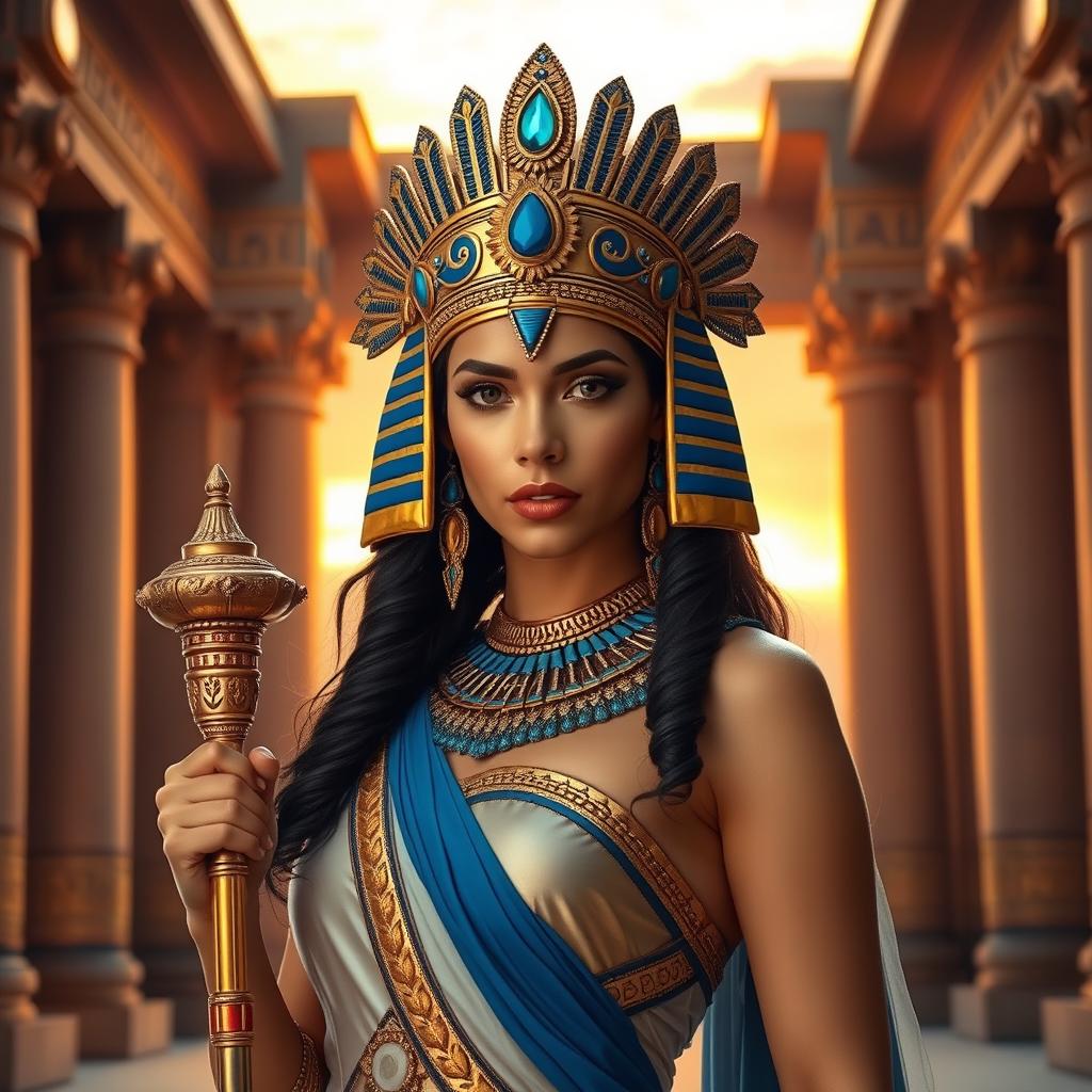 Jenna Ortega as Cleopatra, wearing an intricately designed Egyptian royal headdress adorned with jewels, an elegant gown featuring gold and blue accents, and holding an ornate scepter