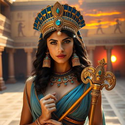 Jenna Ortega as Cleopatra, wearing an intricately designed Egyptian royal headdress adorned with jewels, an elegant gown featuring gold and blue accents, and holding an ornate scepter