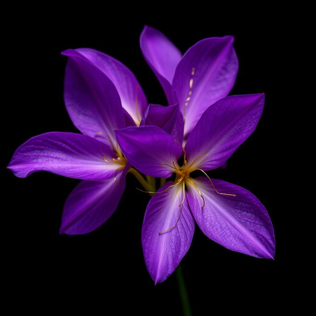 Purple petals against a black background, adorned with small golden threads intertwined with each petal, enhancing their beauty