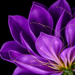 Purple petals against a black background, adorned with small golden threads intertwined with each petal, enhancing their beauty