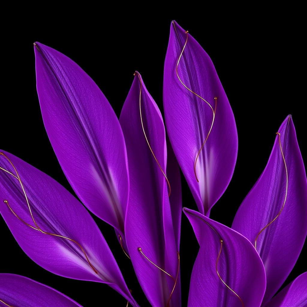 Purple petals against a black background, adorned with small golden threads intertwined with each petal, enhancing their beauty