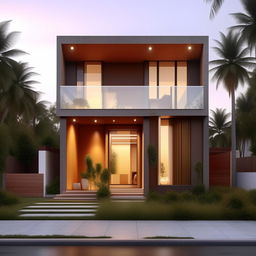 Design a detailed 3x8 meter house with modern architecture, well-structured interiors, and aesthetically pleasing exterior