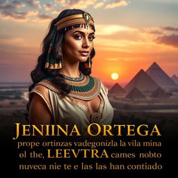 Jenna Ortega dressed as Cleopatra, showcasing her in an elegant Egyptian outfit with intricate gold and jewel embellishments, resembling the iconic queen of ancient Egypt