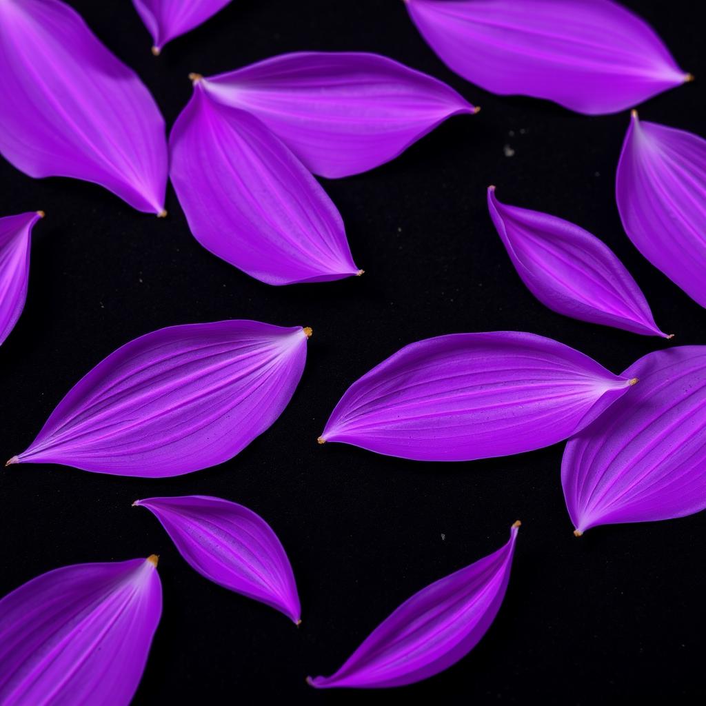 Multiple complete purple petals scattered on a black background, each petal elegantly embellished with small golden threads interwoven throughout