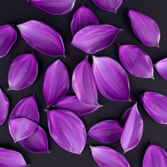 Multiple complete purple petals scattered on a black background, each petal elegantly embellished with small golden threads interwoven throughout