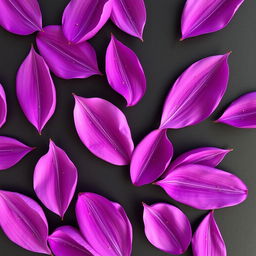 Multiple complete purple petals scattered on a black background, each petal elegantly embellished with small golden threads interwoven throughout