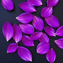Multiple complete purple petals scattered on a black background, each petal elegantly embellished with small golden threads interwoven throughout