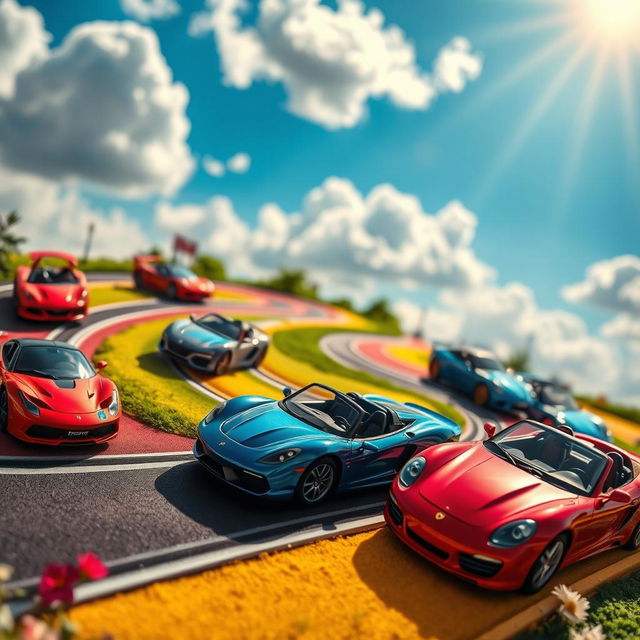 A dynamic display of miniature sports cars in a vibrant, colorful setting