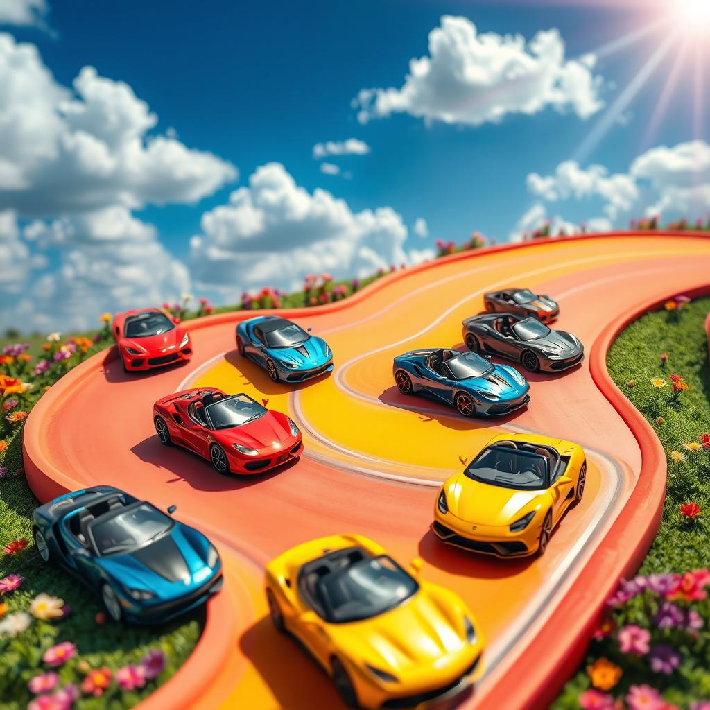 A dynamic display of miniature sports cars in a vibrant, colorful setting