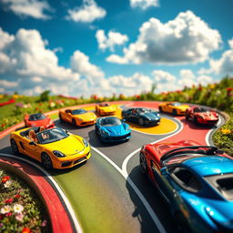 A dynamic display of miniature sports cars in a vibrant, colorful setting