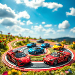 A dynamic display of miniature sports cars in a vibrant, colorful setting