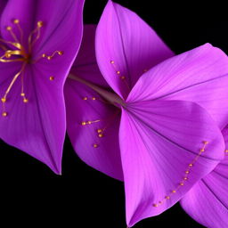 Complete purple petals on a black background, each petal adorned with small golden threads intricately woven throughout