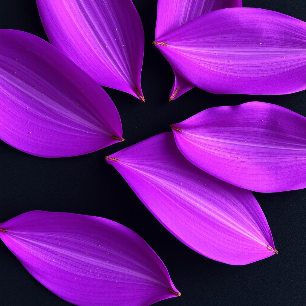 Complete purple petals on a black background, each petal adorned with small golden threads intricately woven throughout