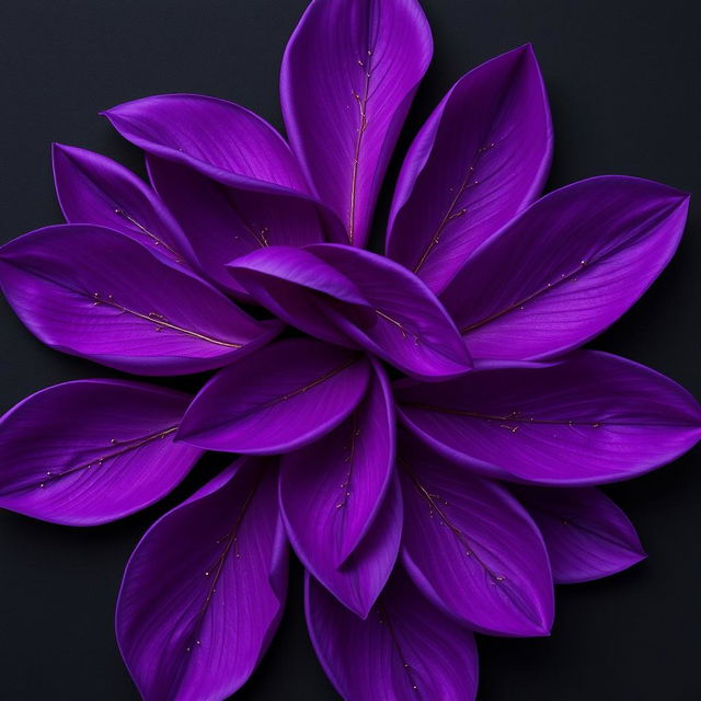 Complete purple petals on a black background, each petal adorned with small golden threads intricately woven throughout