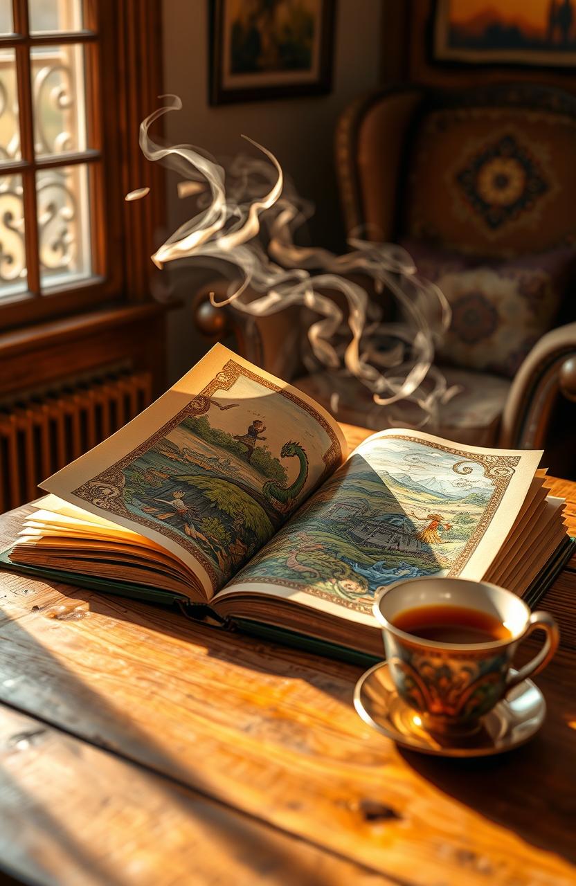 An open book lying on a wooden table, pages fluttering in a gentle breeze, surrounded by a warm golden light filtering through a nearby window