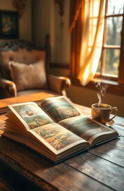 An open book lying on a wooden table, pages fluttering in a gentle breeze, surrounded by a warm golden light filtering through a nearby window