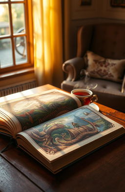 An open book lying on a wooden table, pages fluttering in a gentle breeze, surrounded by a warm golden light filtering through a nearby window