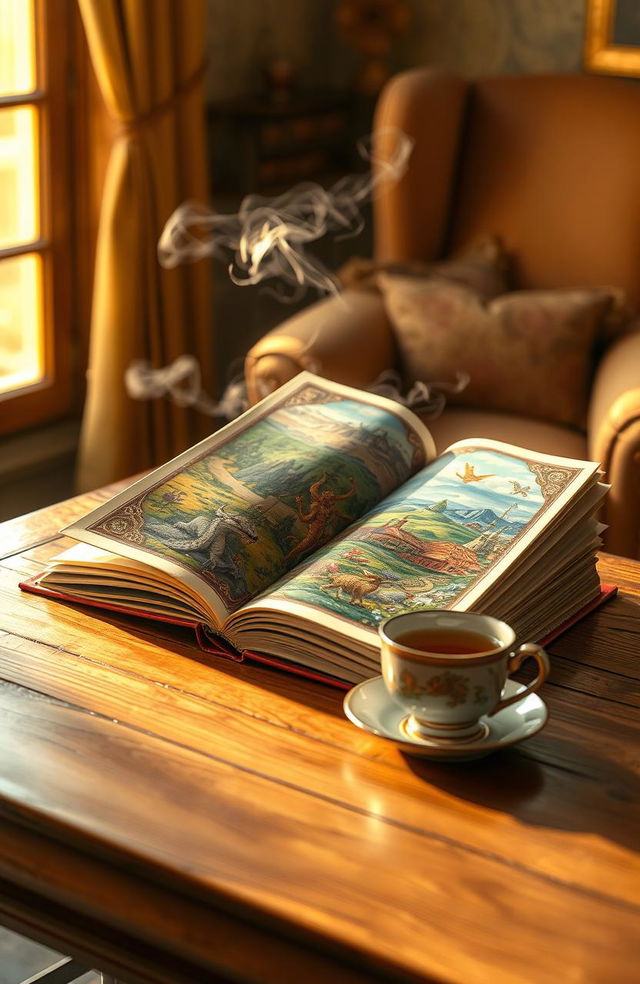 An open book lying on a wooden table, pages fluttering in a gentle breeze, surrounded by a warm golden light filtering through a nearby window