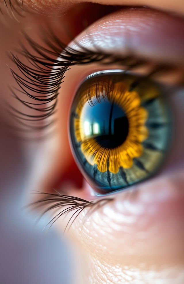 A captivating close-up of a human eye, showcasing its intricate details such as the colorful iris with a blend of deep blue and striking gold tones, a glimmering reflection on the cornea, and the delicate eyelashes framing it