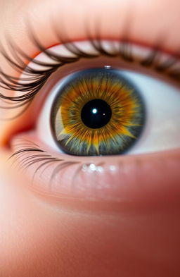 A captivating close-up of a human eye, showcasing its intricate details such as the colorful iris with a blend of deep blue and striking gold tones, a glimmering reflection on the cornea, and the delicate eyelashes framing it