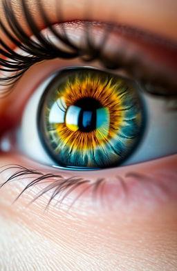 A captivating close-up of a human eye, showcasing its intricate details such as the colorful iris with a blend of deep blue and striking gold tones, a glimmering reflection on the cornea, and the delicate eyelashes framing it