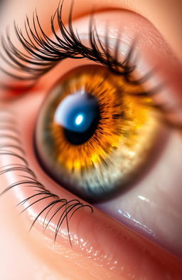 A captivating close-up of a human eye, showcasing its intricate details such as the colorful iris with a blend of deep blue and striking gold tones, a glimmering reflection on the cornea, and the delicate eyelashes framing it
