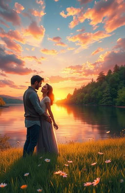 A serene and enchanting landscape illustrating the concept of eternal love, featuring a beautiful sunset over a tranquil lake surrounded by lush green forests