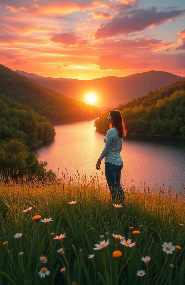 A serene and enchanting landscape illustrating the concept of eternal love, featuring a beautiful sunset over a tranquil lake surrounded by lush green forests