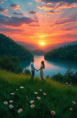 A serene and enchanting landscape illustrating the concept of eternal love, featuring a beautiful sunset over a tranquil lake surrounded by lush green forests