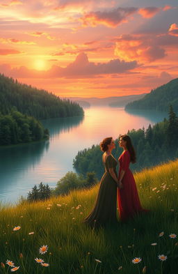 A serene and enchanting landscape illustrating the concept of eternal love, featuring a beautiful sunset over a tranquil lake surrounded by lush green forests