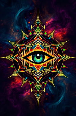 A stylized eye symbol positioned in the center, surrounded by intricate geometric patterns and vibrant colors that radiate from the eye