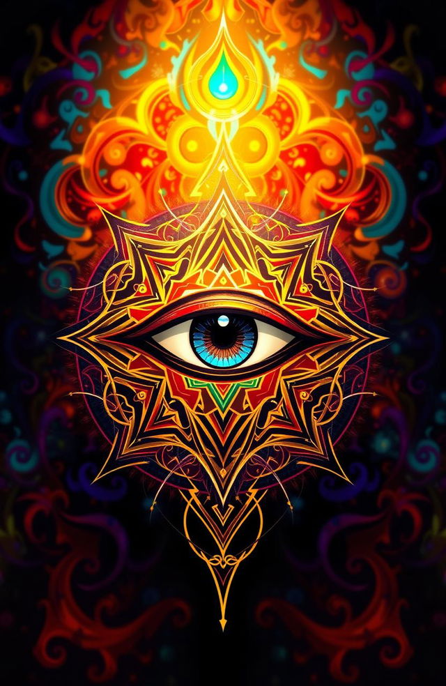 A stylized eye symbol positioned in the center, surrounded by intricate geometric patterns and vibrant colors that radiate from the eye