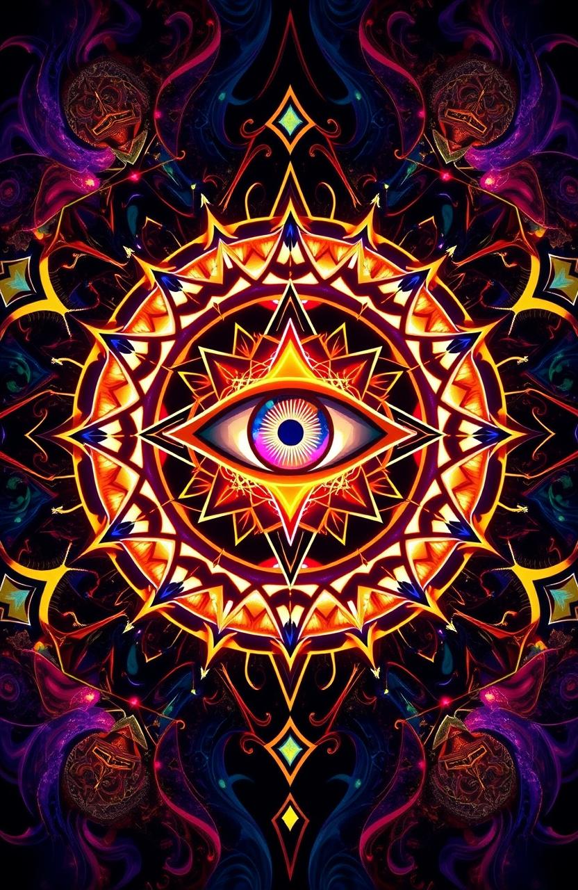 A stylized eye symbol positioned in the center, surrounded by intricate geometric patterns and vibrant colors that radiate from the eye