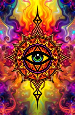 A stylized eye symbol positioned in the center, surrounded by intricate geometric patterns and vibrant colors that radiate from the eye