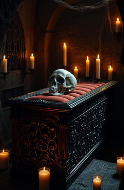 A gothic-style coffin intricately carved with ornate patterns, featuring a prominent skull resting on the lid