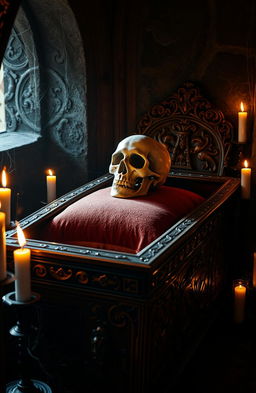 A gothic-style coffin intricately carved with ornate patterns, featuring a prominent skull resting on the lid