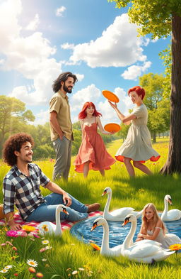An enchanting scene depicting three couples in a beautiful, vibrant park setting, each couple showcasing a unique bond