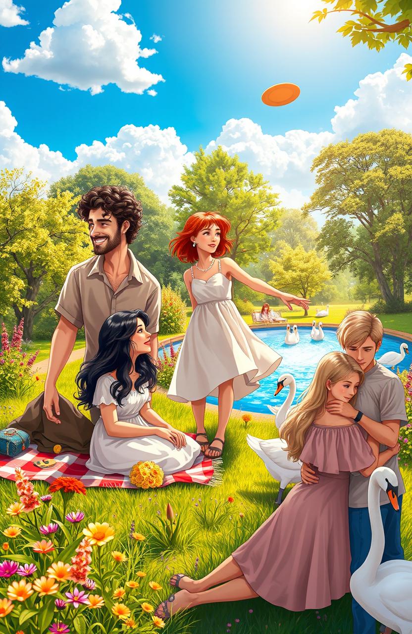 An enchanting scene depicting three couples in a beautiful, vibrant park setting, each couple showcasing a unique bond