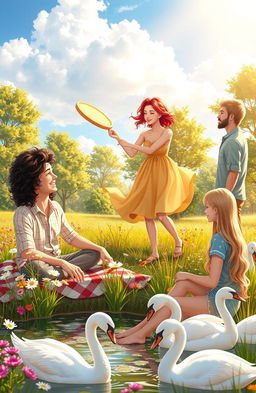An enchanting scene depicting three couples in a beautiful, vibrant park setting, each couple showcasing a unique bond