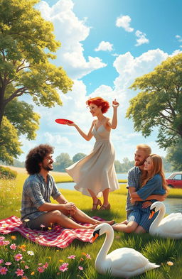 An enchanting scene depicting three couples in a beautiful, vibrant park setting, each couple showcasing a unique bond