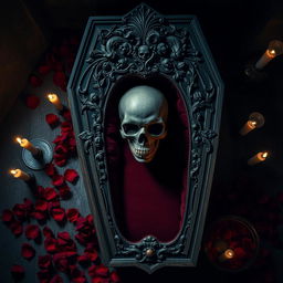 A birds eye view of an ornate gothic-style coffin featuring a prominent skull on the lid