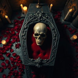 A birds eye view of an ornate gothic-style coffin featuring a prominent skull on the lid