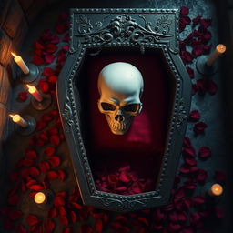 A birds eye view of an ornate gothic-style coffin featuring a prominent skull on the lid