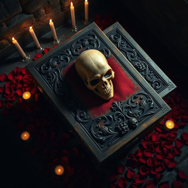 A birds eye view of an ornate gothic-style coffin featuring a prominent skull on the lid