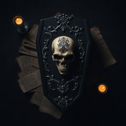 A striking black book cover featuring a birds eye view of an ornate gothic-style coffin adorned with an intricately detailed skull on its lid