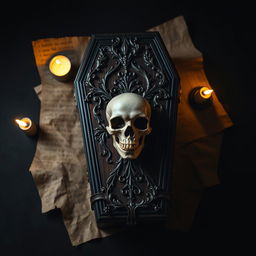 A striking black book cover featuring a birds eye view of an ornate gothic-style coffin adorned with an intricately detailed skull on its lid