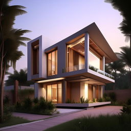 Design a detailed 3x8 meter house with modern architecture, well-structured interiors, and aesthetically pleasing exterior