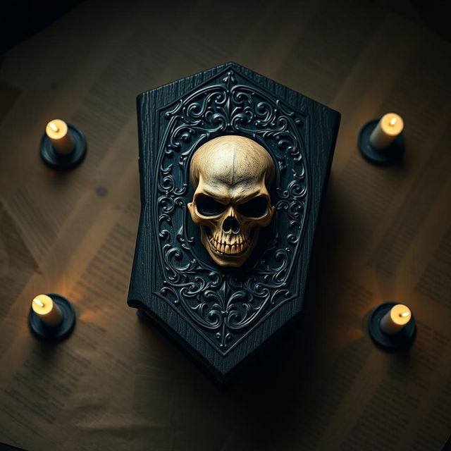 A striking black book cover featuring a birds eye view of an ornate gothic-style coffin adorned with an intricately detailed skull on its lid